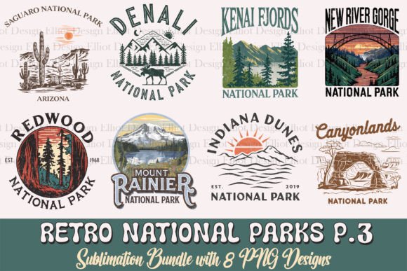 Retro National Parks P.3 PNG Bundle: Graphics & T-Shirt Designs