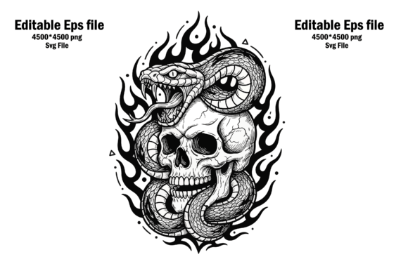 Snake Coiled Around Skull with Flames Graphics